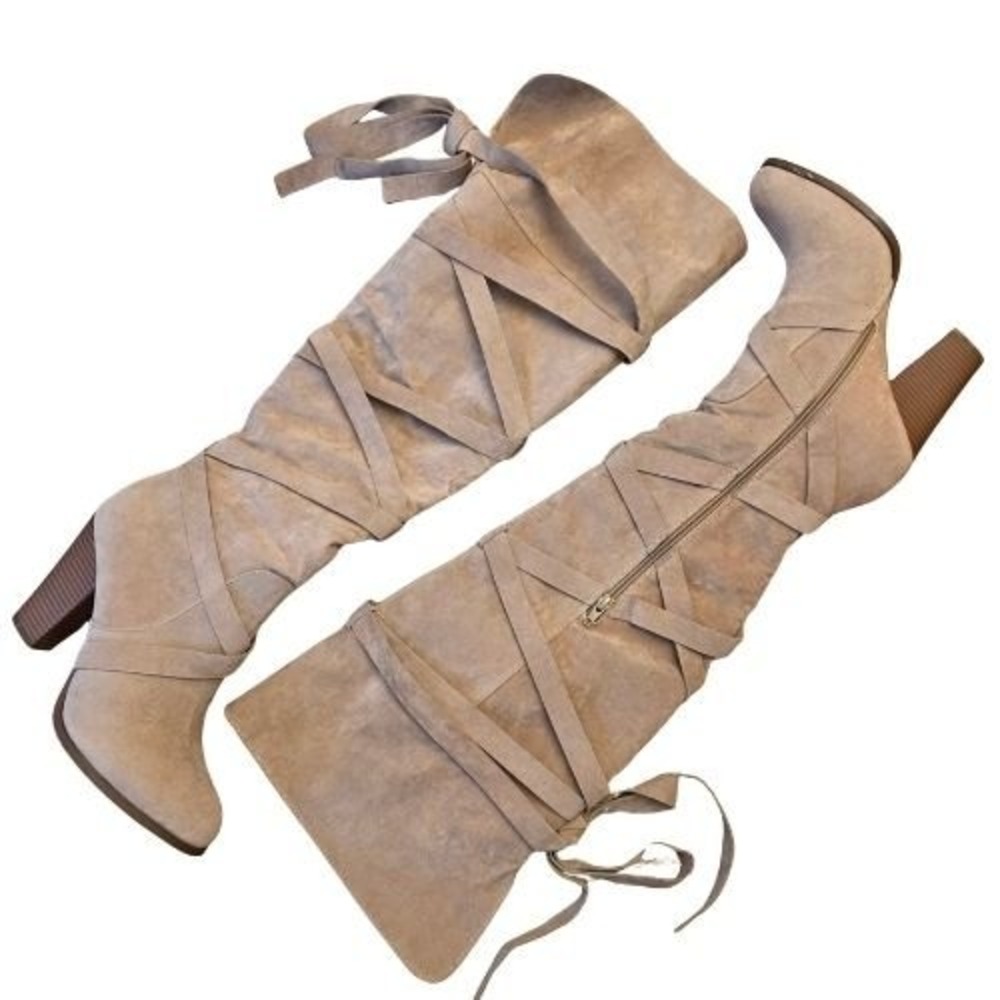Taupe Sz 10 Faux Suede Over The Knee Thigh HIgh Strappy Stacked Heel‎ Boots